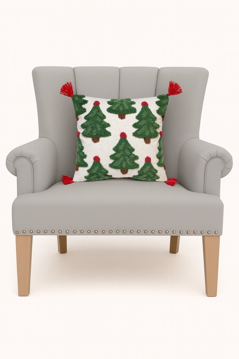Trees with Tassels Tufted Hooked Wool Christmas Throw Pillow on an armchair, showing the throw pillow at room scale, 16x16 inch