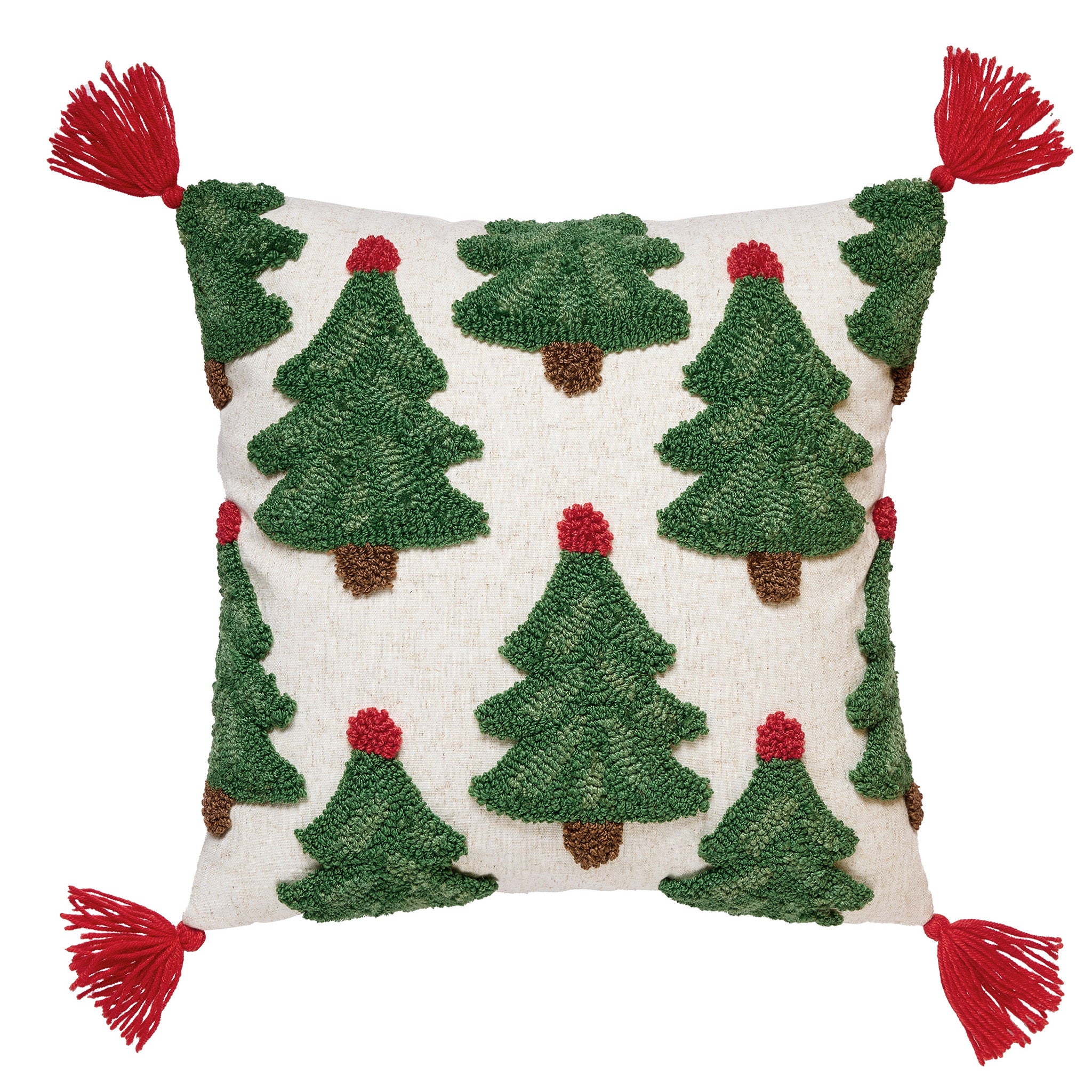 Trees with Tassels Tufted Hooked Wool Christmas Throw Pillow, 16x16 inch, front view