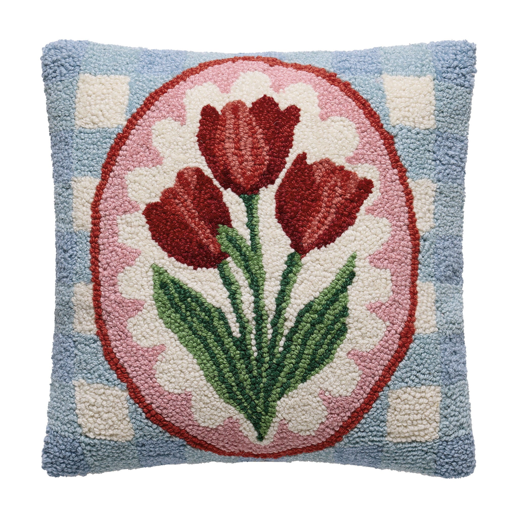 Tulip Frame Hooked Wool Throw Pillow, 14x14 inch, front view