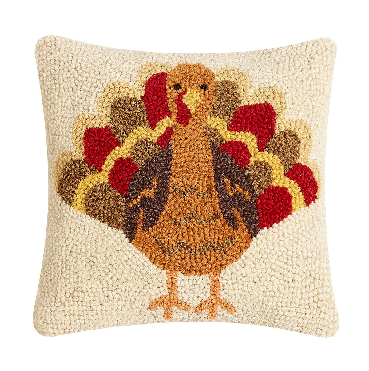 Turkey Hooked Wool Fall Harvest Throw Pillow, 10x10 inch, front view