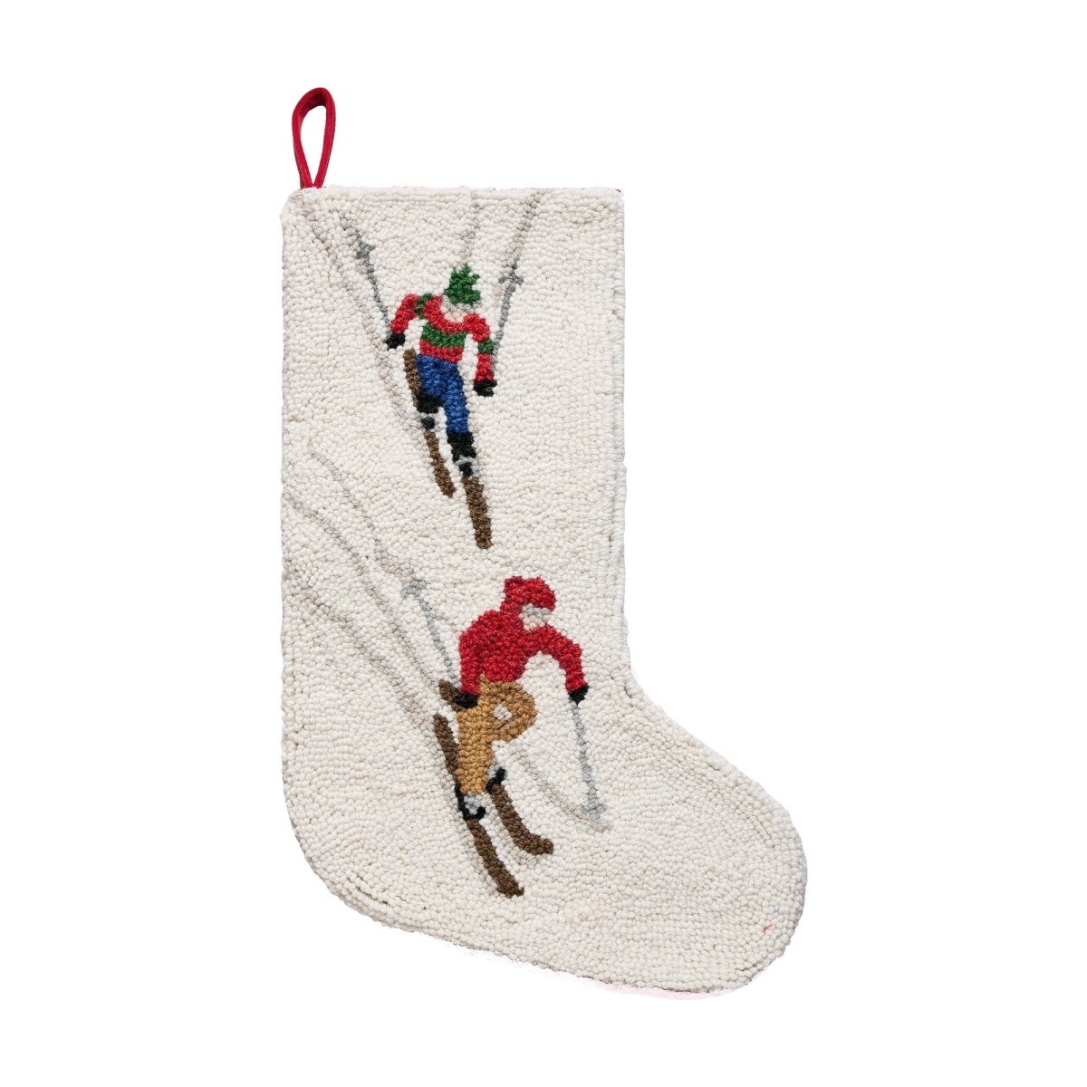 Two Downhill Skiers Hooked Wool Christmas Stocking, 12x20 inch, front view
