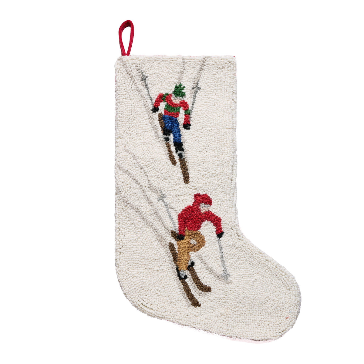 Two Downhill Skiers Hooked Wool Christmas Stocking, 12x20 inch, front view
