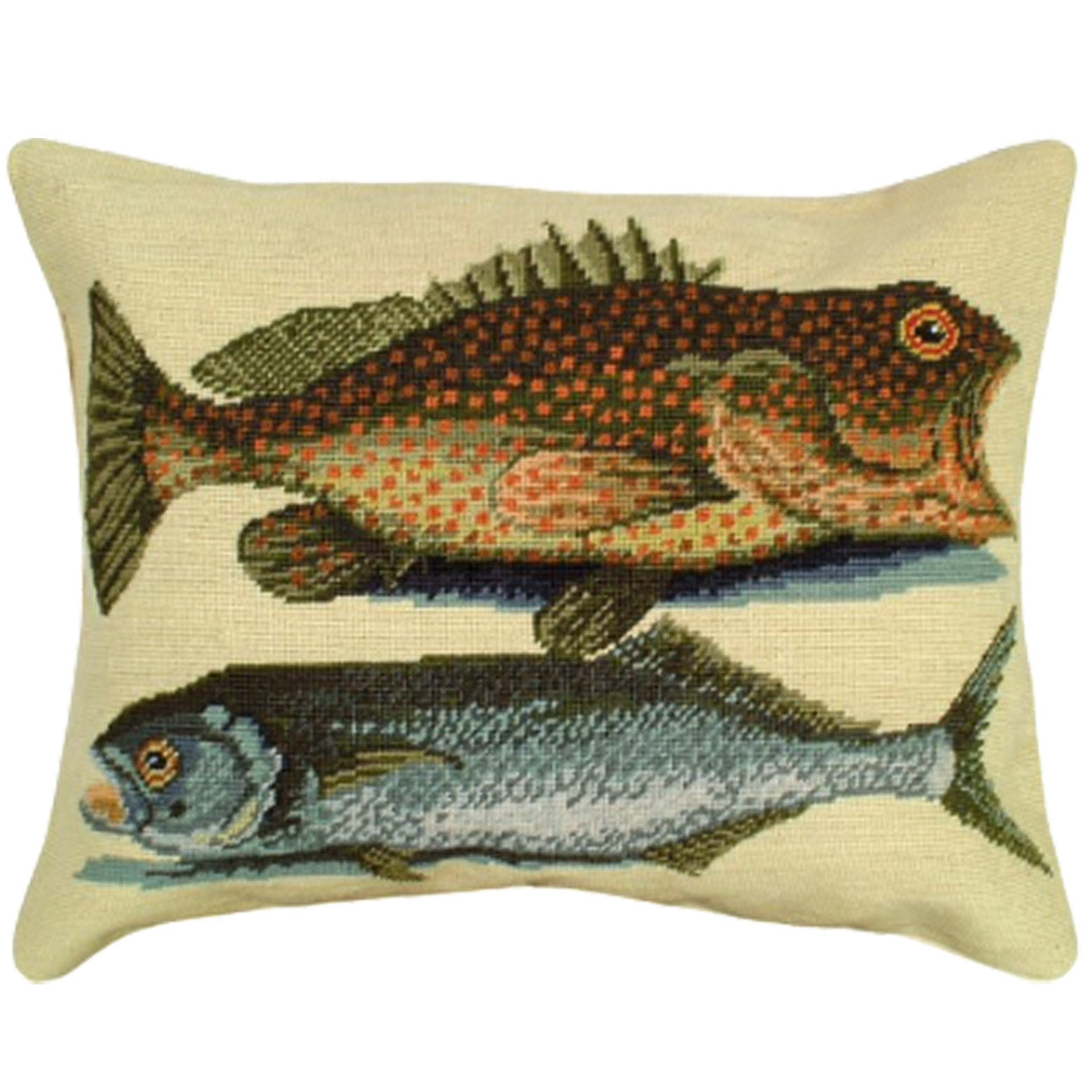 Two Fish Cugupuguacu needlepoint throw pillow with rustic nature wildlife lodge design