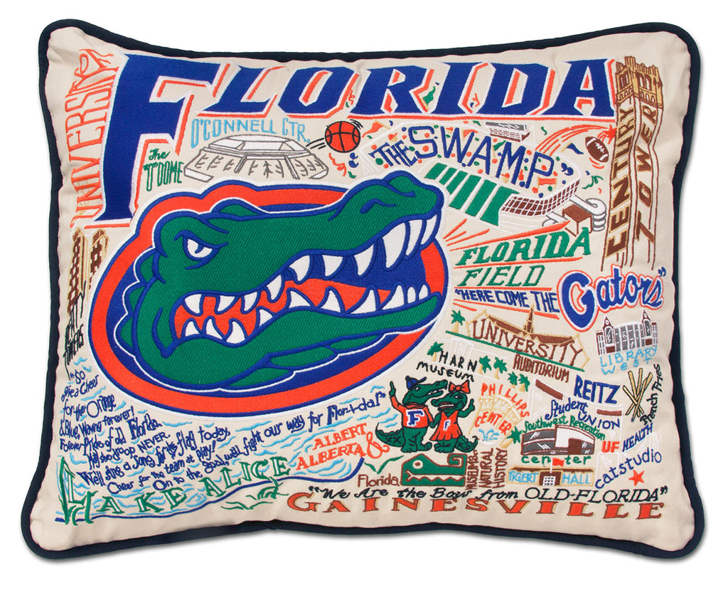 University of Florida UF Gators embroidered throw pillow with school mascot.