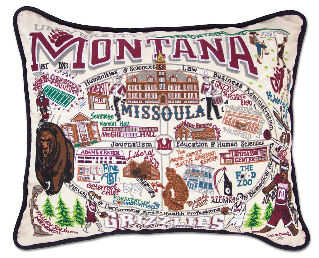 University of Montana Grizzlies embroidered throw pillow with school mascot.