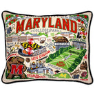 University of Maryland Terrapins hand-embroidered throw pillow featuring school colors and campus landmarks