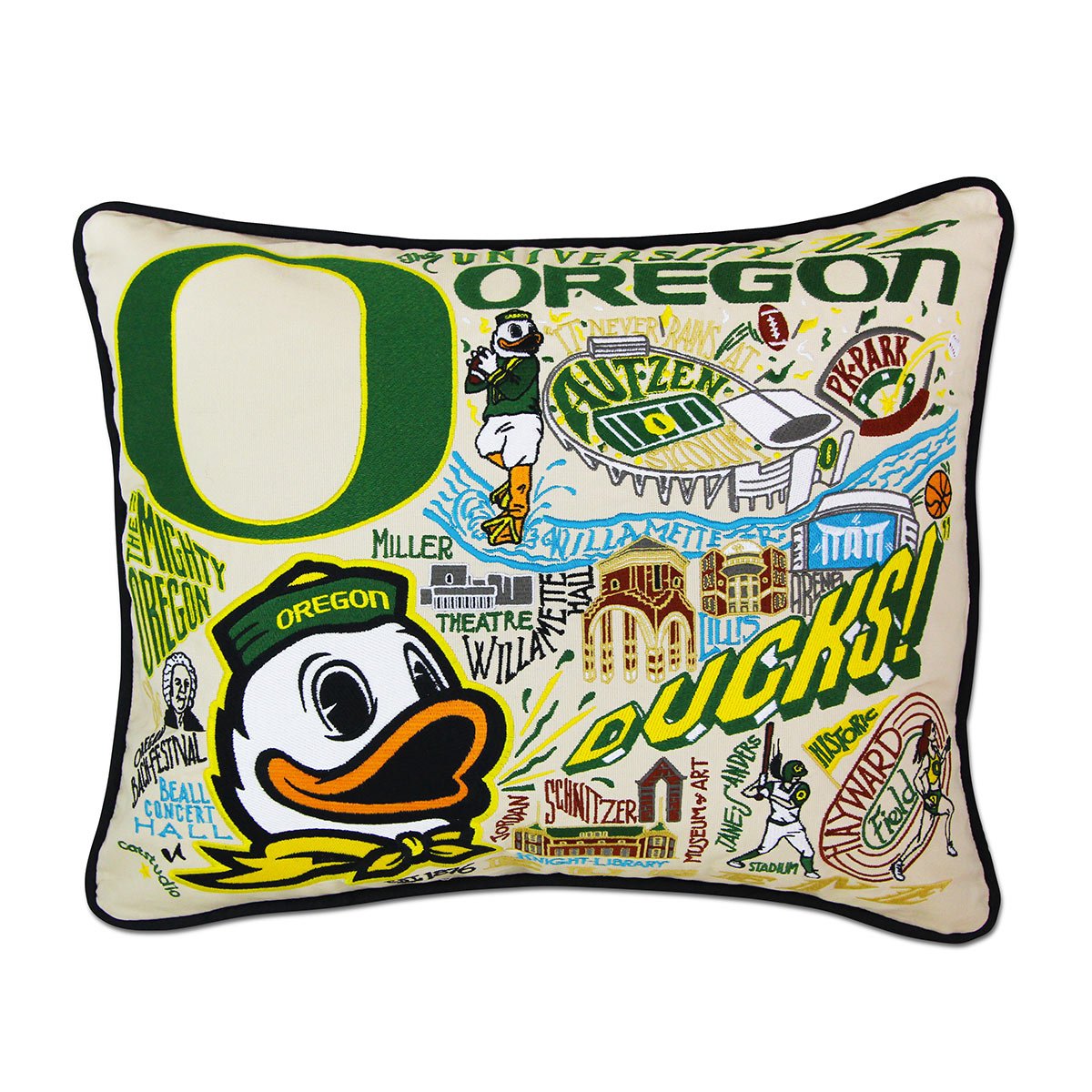University of Oregon Ducks hand-embroidered throw pillow featuring school colors and mascot imagery
