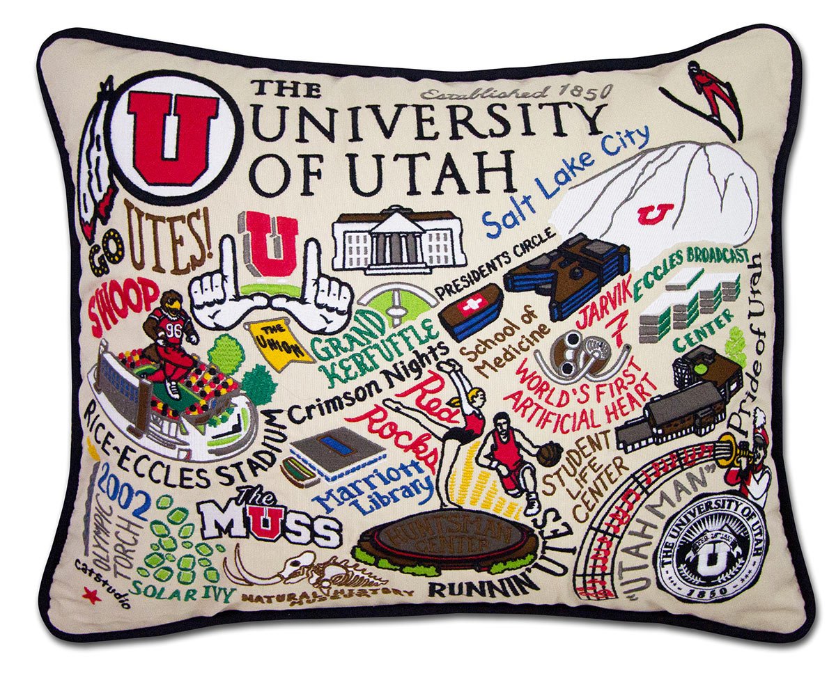 University of Utah Utes hand-embroidered throw pillow featuring school colors and mascot imagery