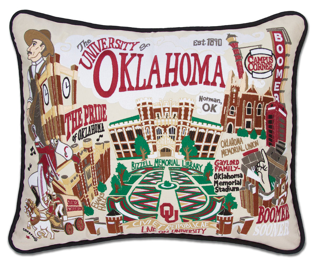 University of Oklahoma Sooners embroidered throw pillow with school mascot.