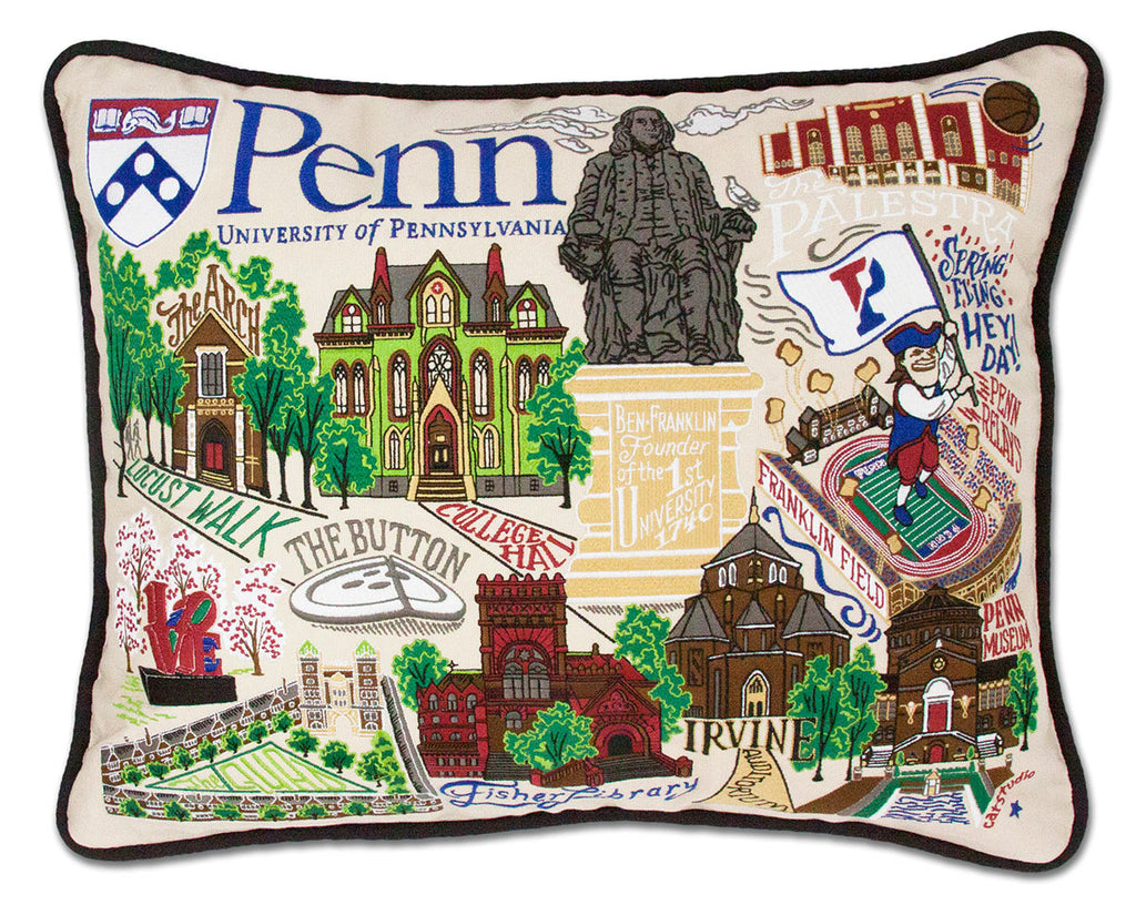 University of Pennsylvania Quakers embroidered pillow with school emblem.