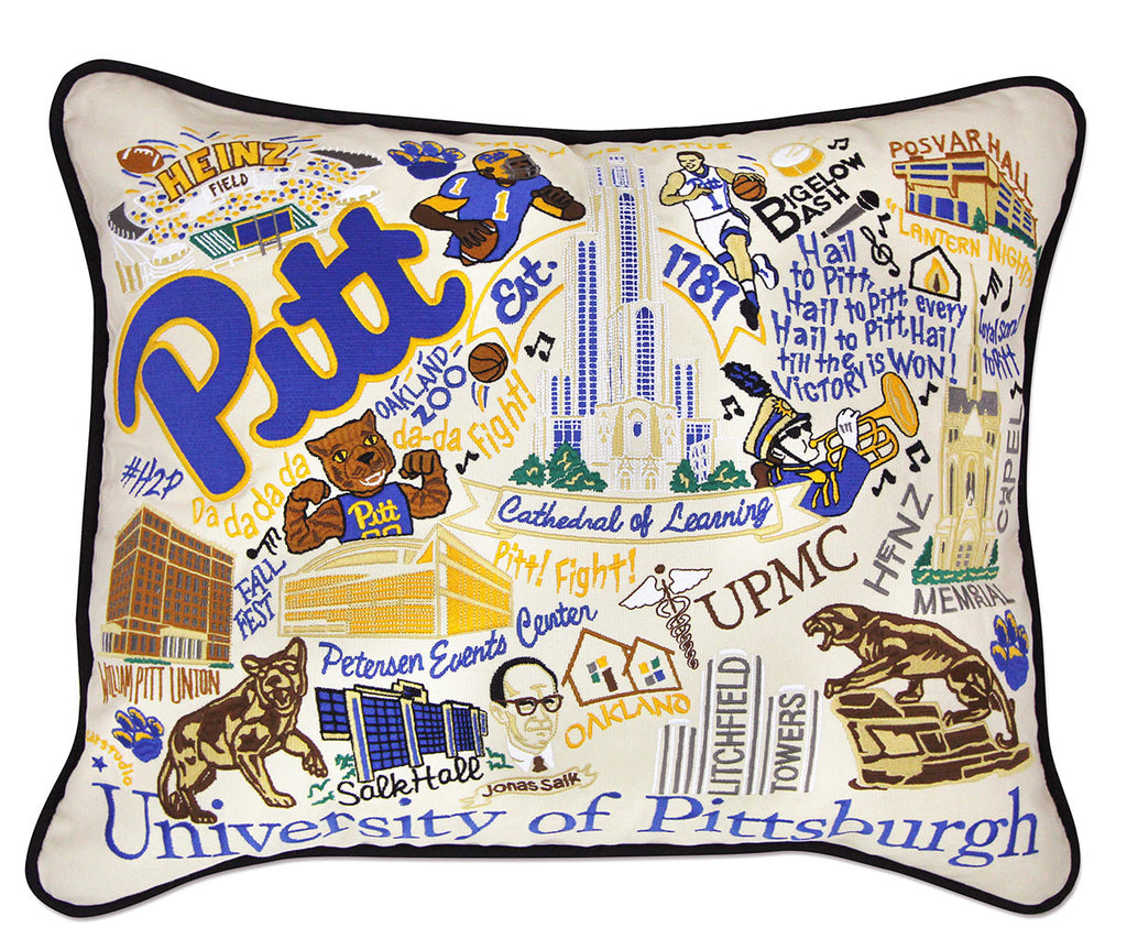 University of Pittsburgh Panthers embroidered throw pillow with school mascot.