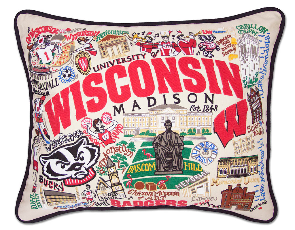 University of Wisconsin Badgers embroidered throw pillow with school logo.
