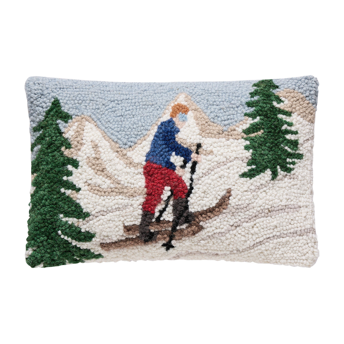 Uphill Skier Hooked Wool Christmas Throw Pillow, 8x12 inch, front view