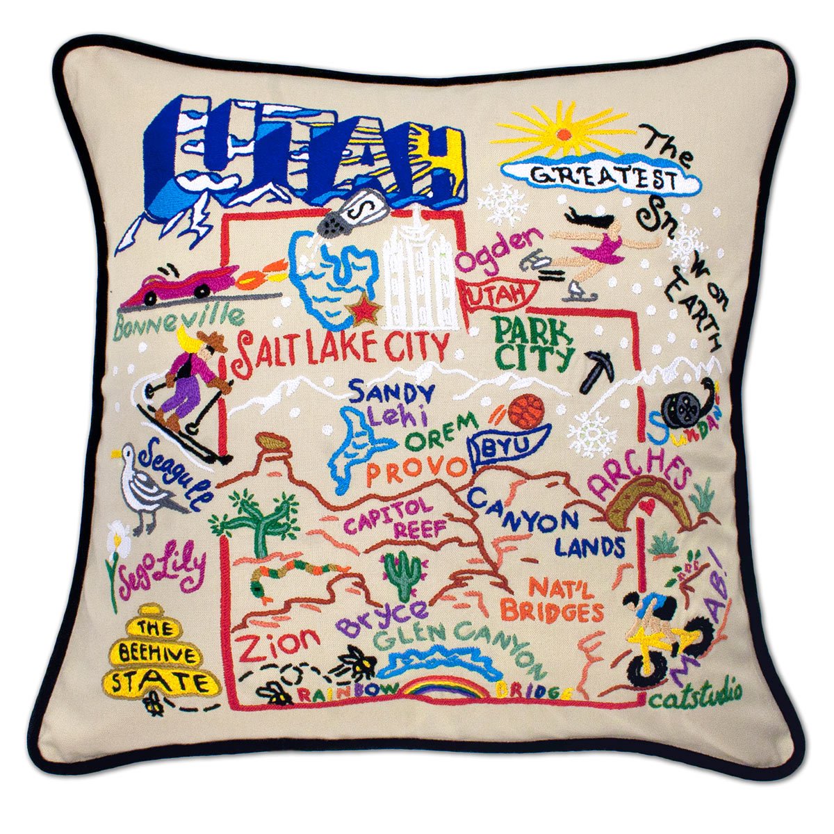 Utah State Beehive hand-embroidered throw pillow showcasing iconic landmarks