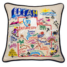 Utah State Beehive hand-embroidered throw pillow showcasing iconic landmarks