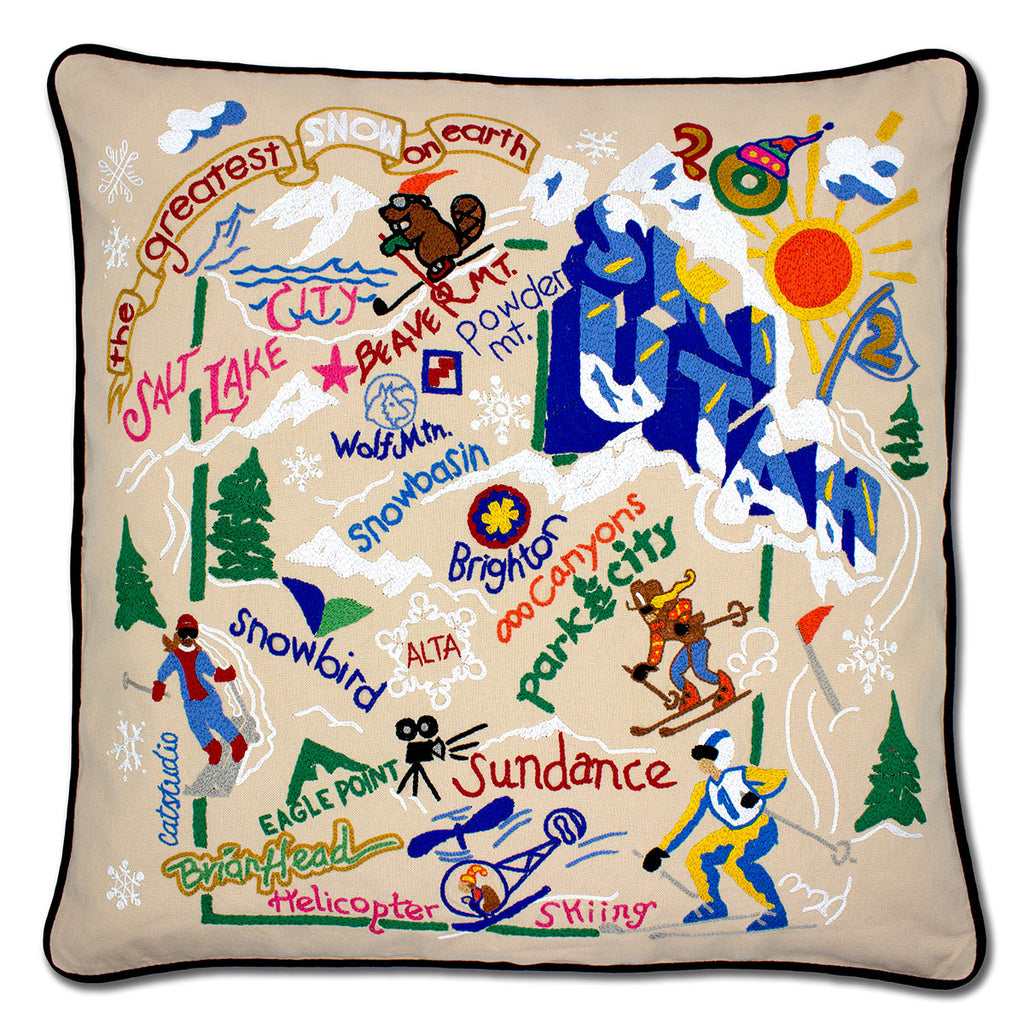 Utah Wasatch Range Ski embroidered throw pillow with mountain ski scene.