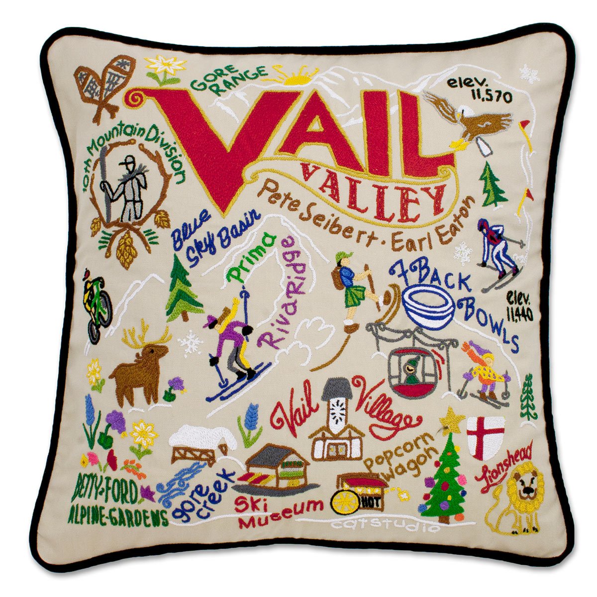 Vail, CO hand-embroidered throw pillow with rustic lodge-style design