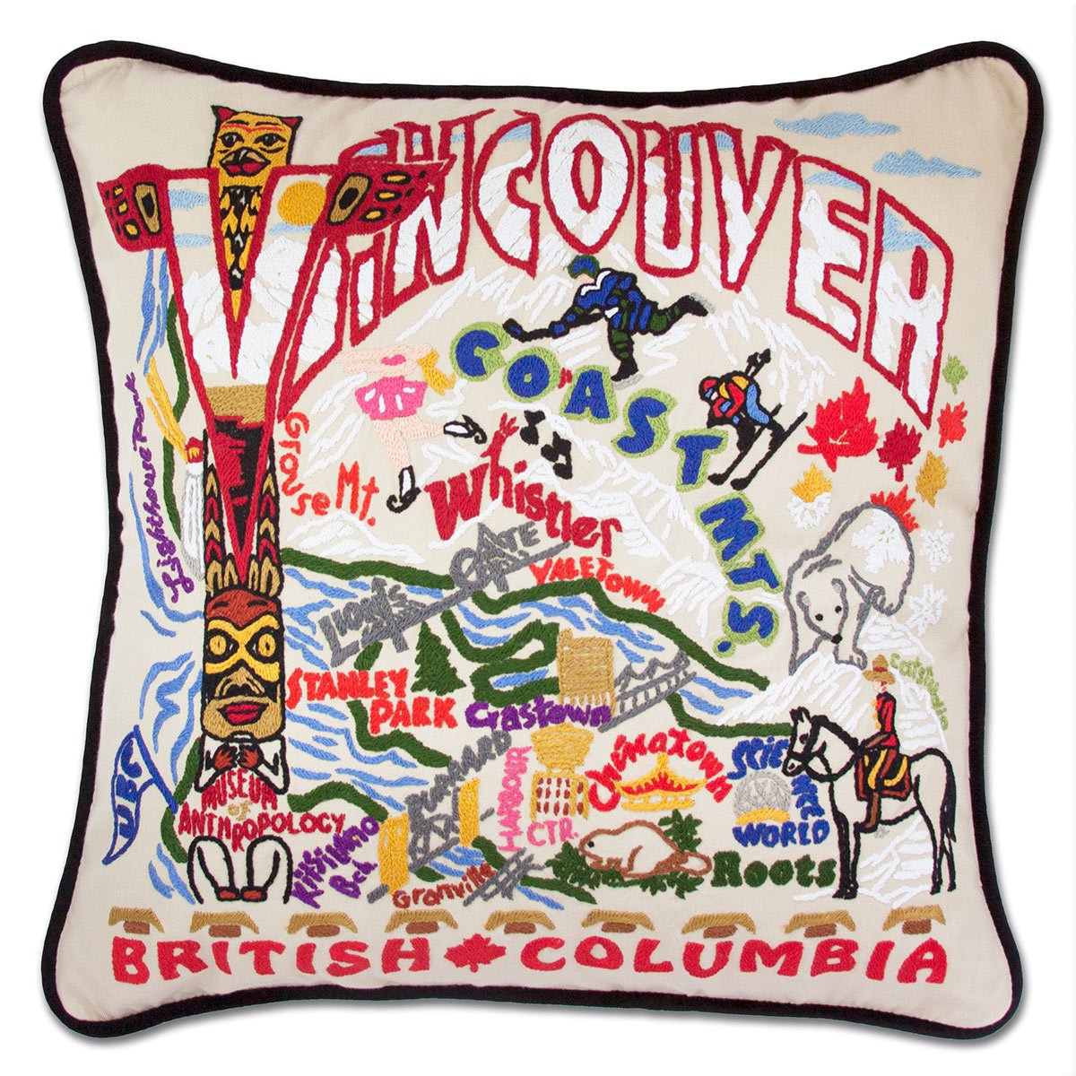 Vancouver City hand-embroidered throw pillow with nautical coastal motifs