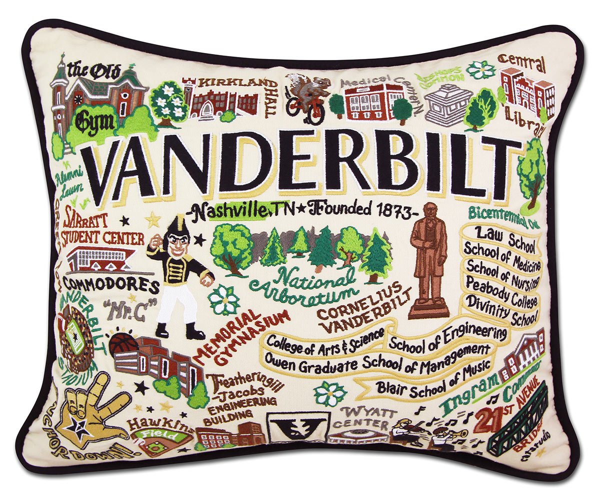 Vanderbilt University Commodores hand-embroidered throw pillow featuring school colors and mascot imagery