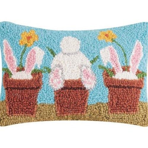 Vase Rabbits Hooked Wool Easter Throw Pillow, close-up detail