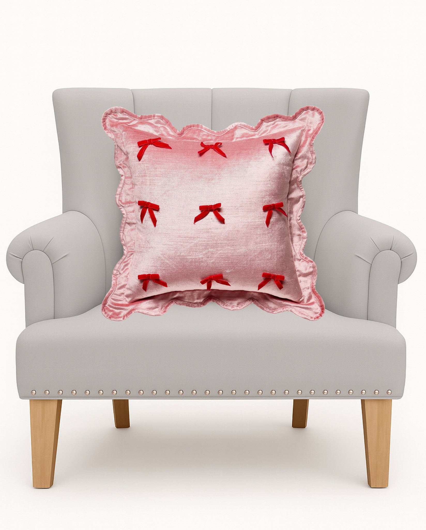 Velvet Scallop Ribbon Woven Throw Pillow on an armchair, showing the throw pillow at room scale, 16x16 inch