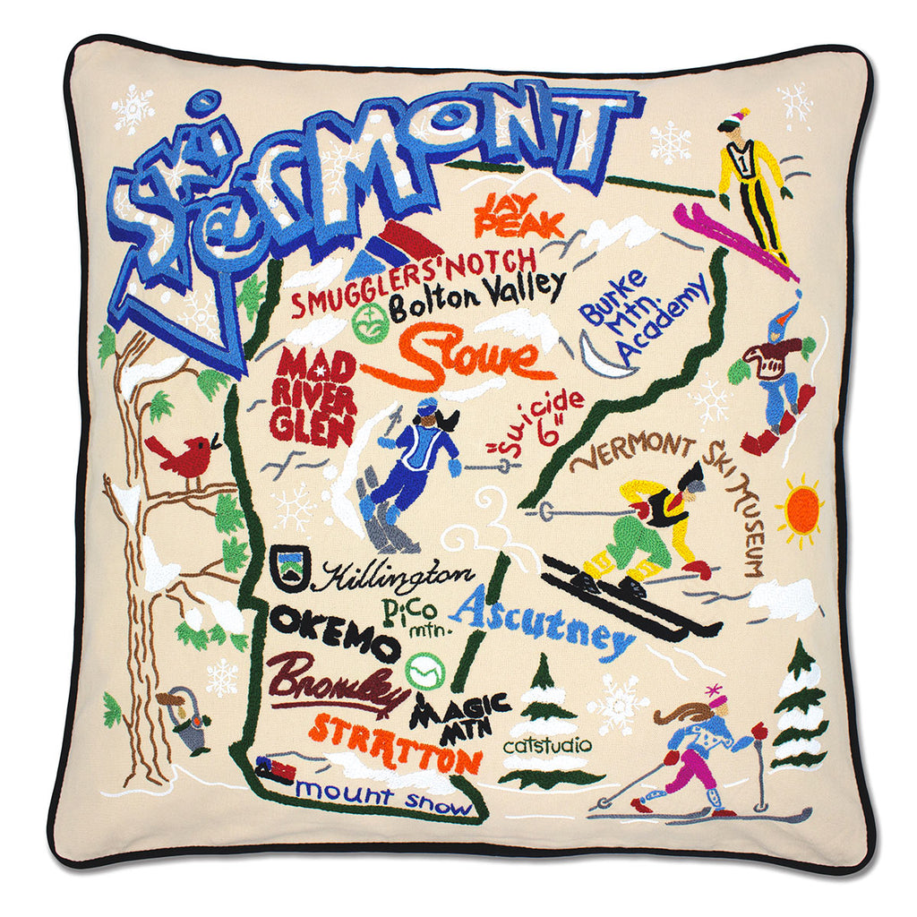 Vermont Green Mountains Ski embroidered throw pillow with ski scene.