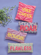 Vibe Check Hooked Wool Throw Pillow shown alongside other designs in the same collection, 14x14 inch