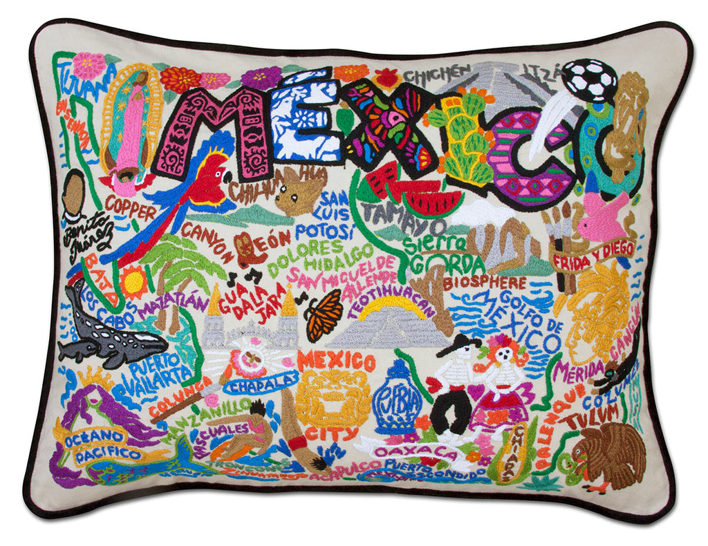 Vibrant Mexico City Culture embroidered throw pillow with cultural imagery.