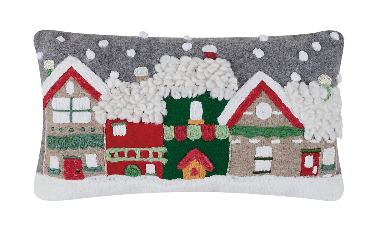 Village Felt Embroidered Christmas Throw Pillow, 9x16 inch, front view
