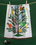 Vintage Christmas Tree Pompom Kitchen Towel styled in a room setting, 18x25 inch
