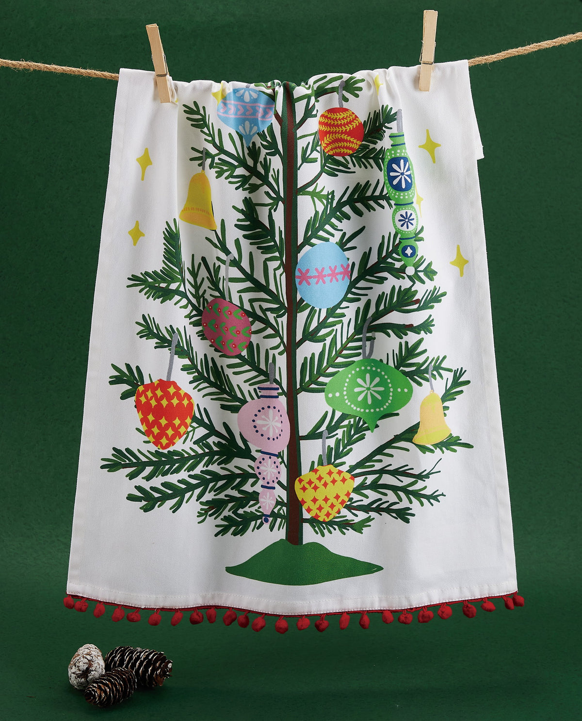 Vintage Christmas Tree Pompom Kitchen Towel styled in a room setting, 18x25 inch
