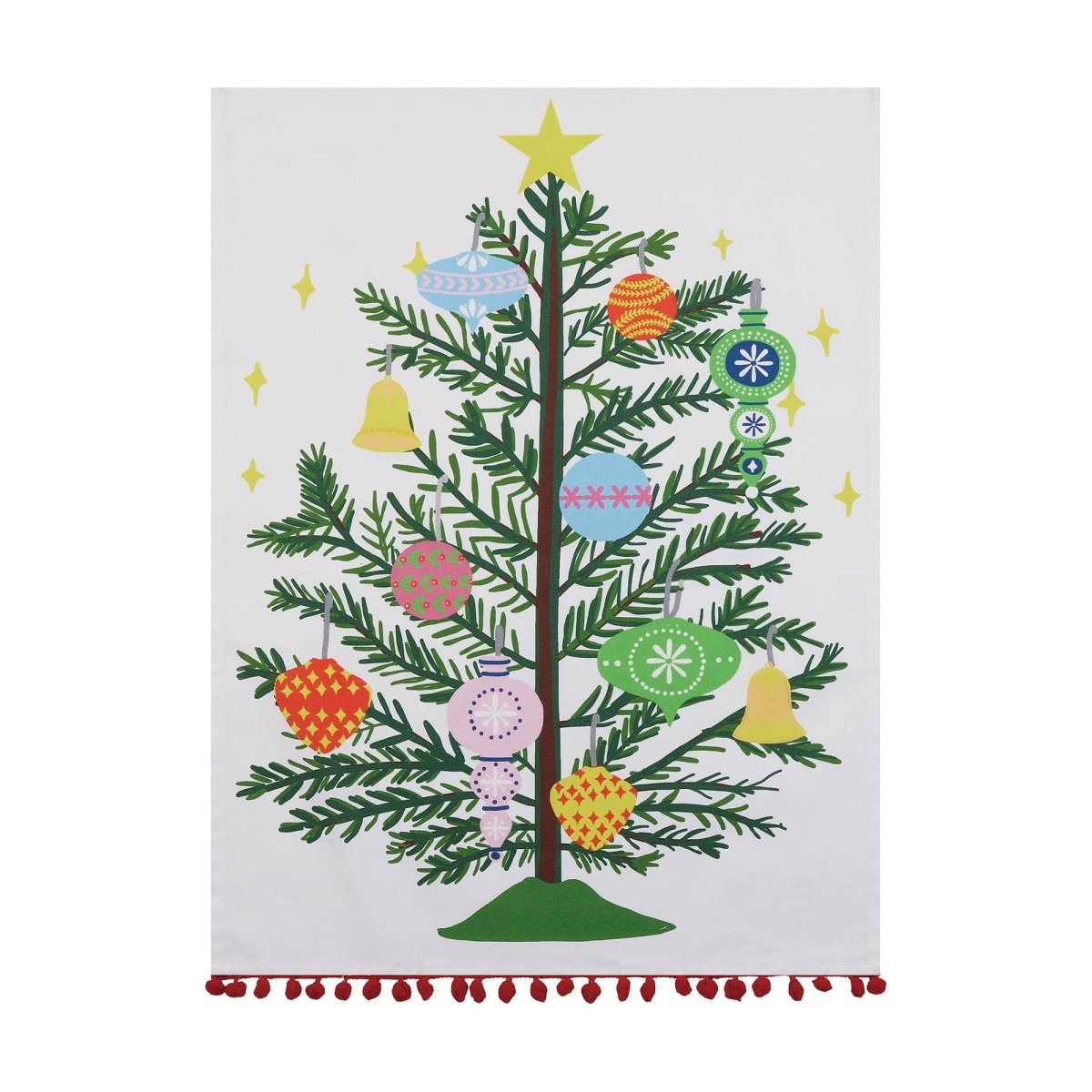 Vintage Christmas Tree Pompom Kitchen Towel, 18x25 inch, front view