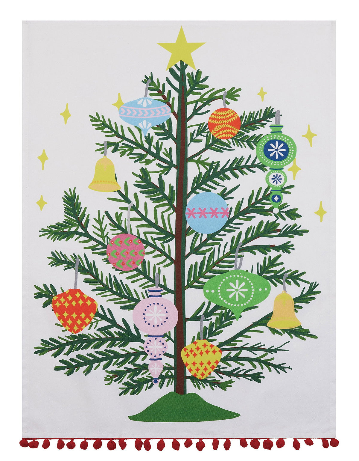Vintage Christmas Tree Pompom Kitchen Towel, 18x25 inch, front view