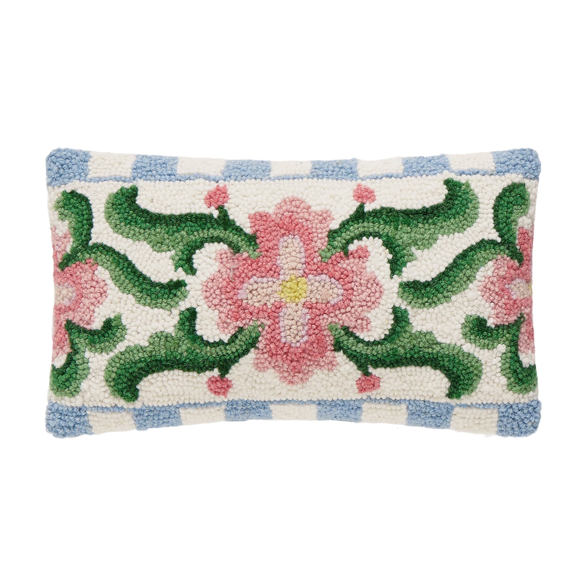 Vintage Floral Tile Lumber Hooked Wool Throw Pillow, 9x16 inch, front view