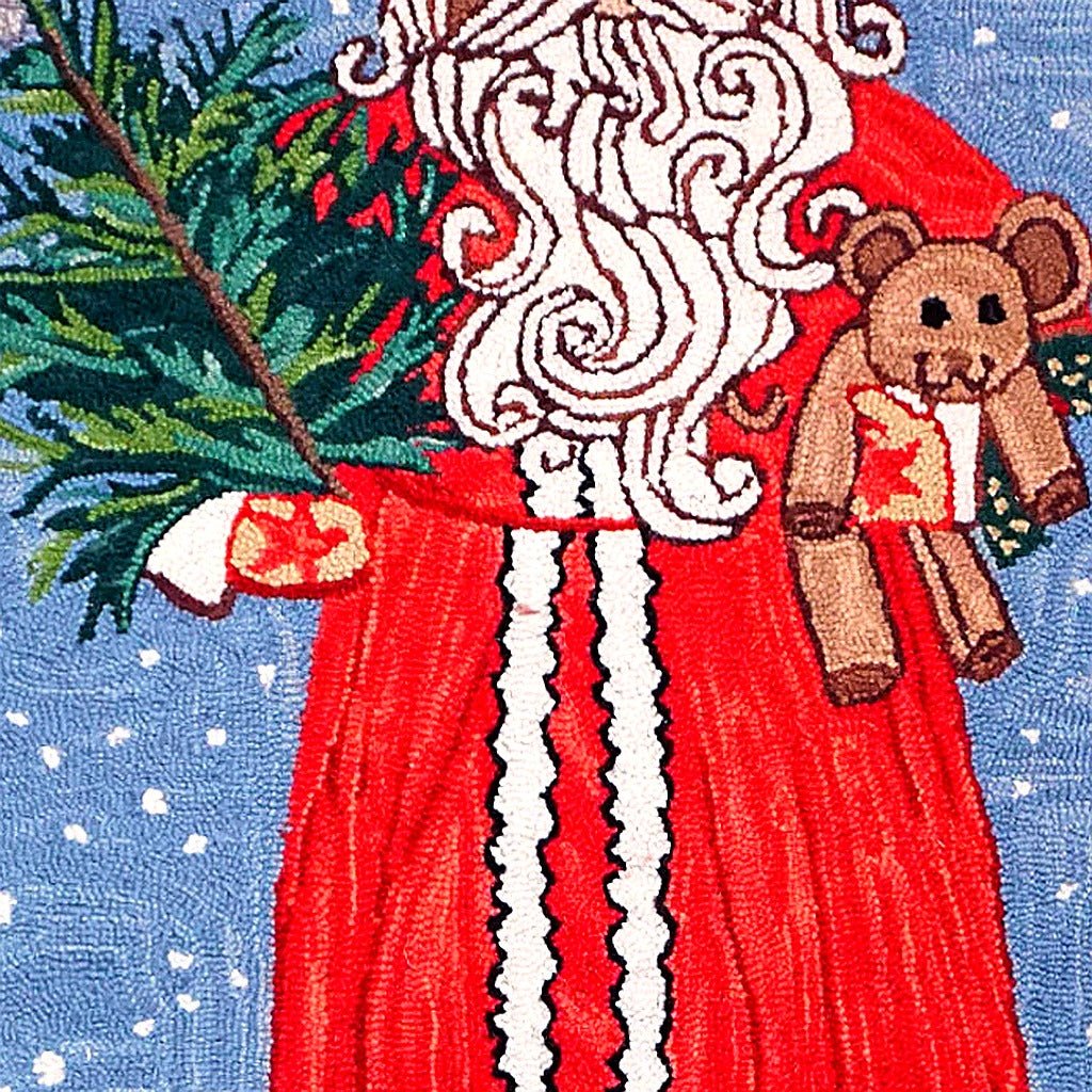 Hand-stitched wool detail of Vintage Santa in Snow needlepoint rug showing intricate weave pattern and texture