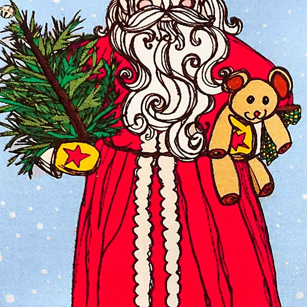 Closeup of Vintage Santa Printed Holiday needlepoint throw pillow highlighting hand-stitched wool craftsmanship and fabric detail