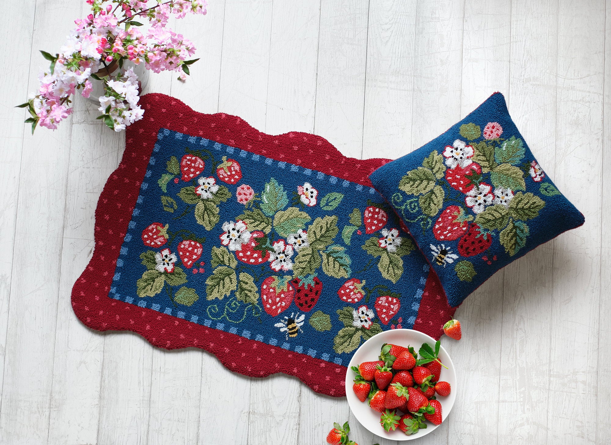 Vintage Strawberries Hooked Wool Throw Pillow styled in a room setting, 16x16 inch