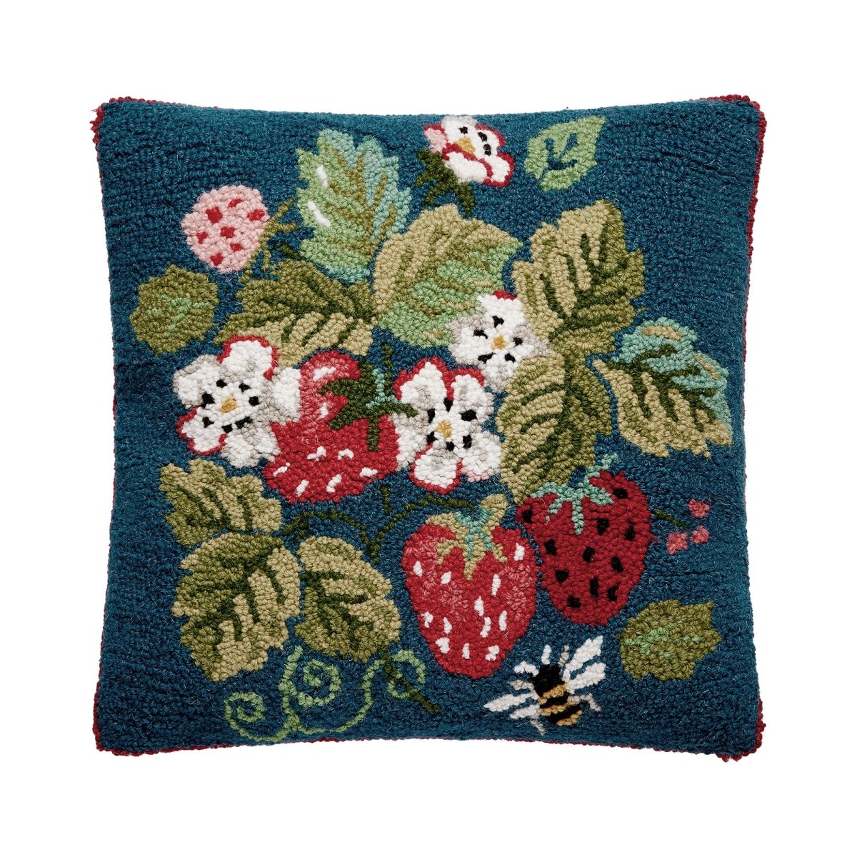 Vintage Strawberries Hooked Wool Throw Pillow, 16x16 inch, front view