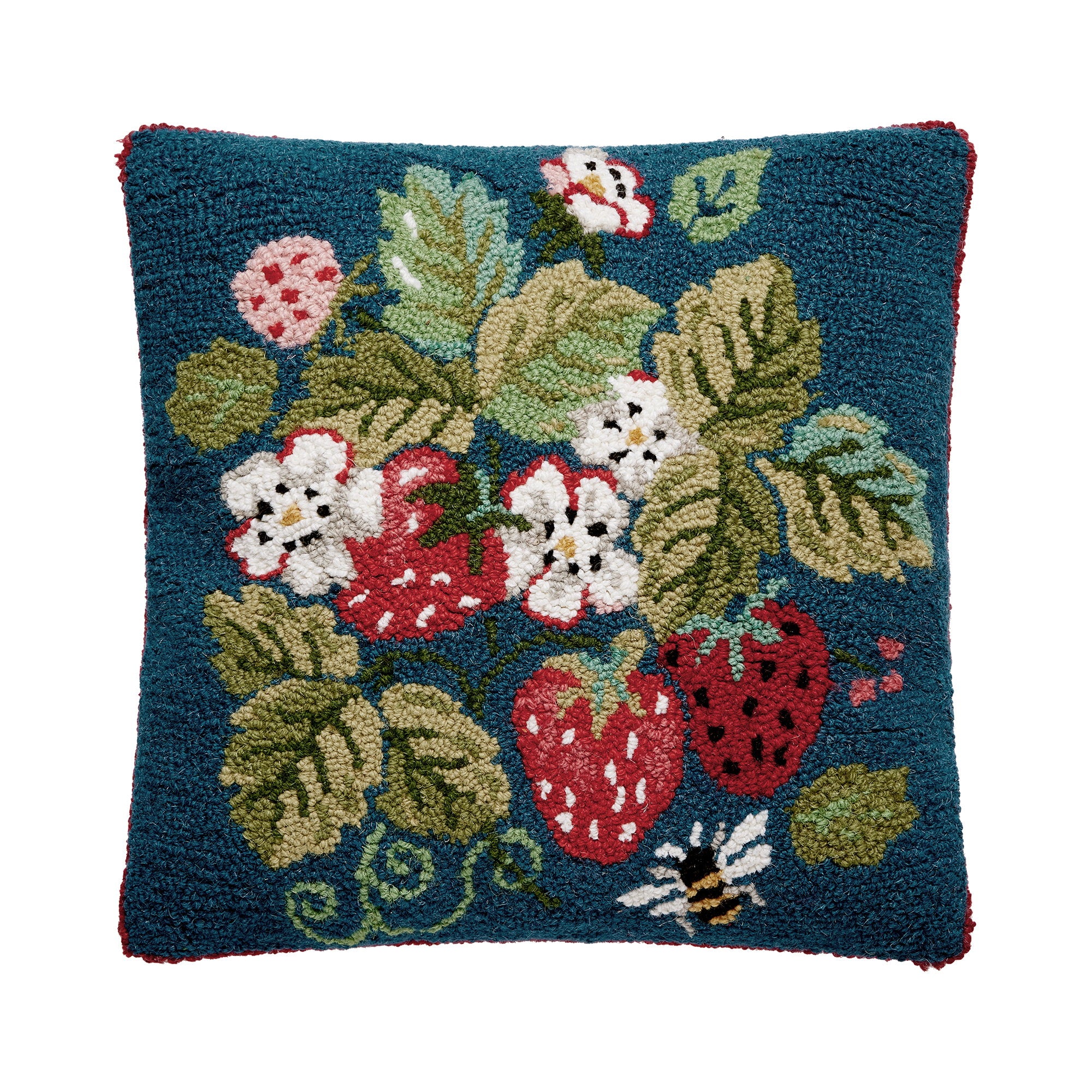 Vintage Strawberries Hooked Wool Throw Pillow, 16x16 inch, front view