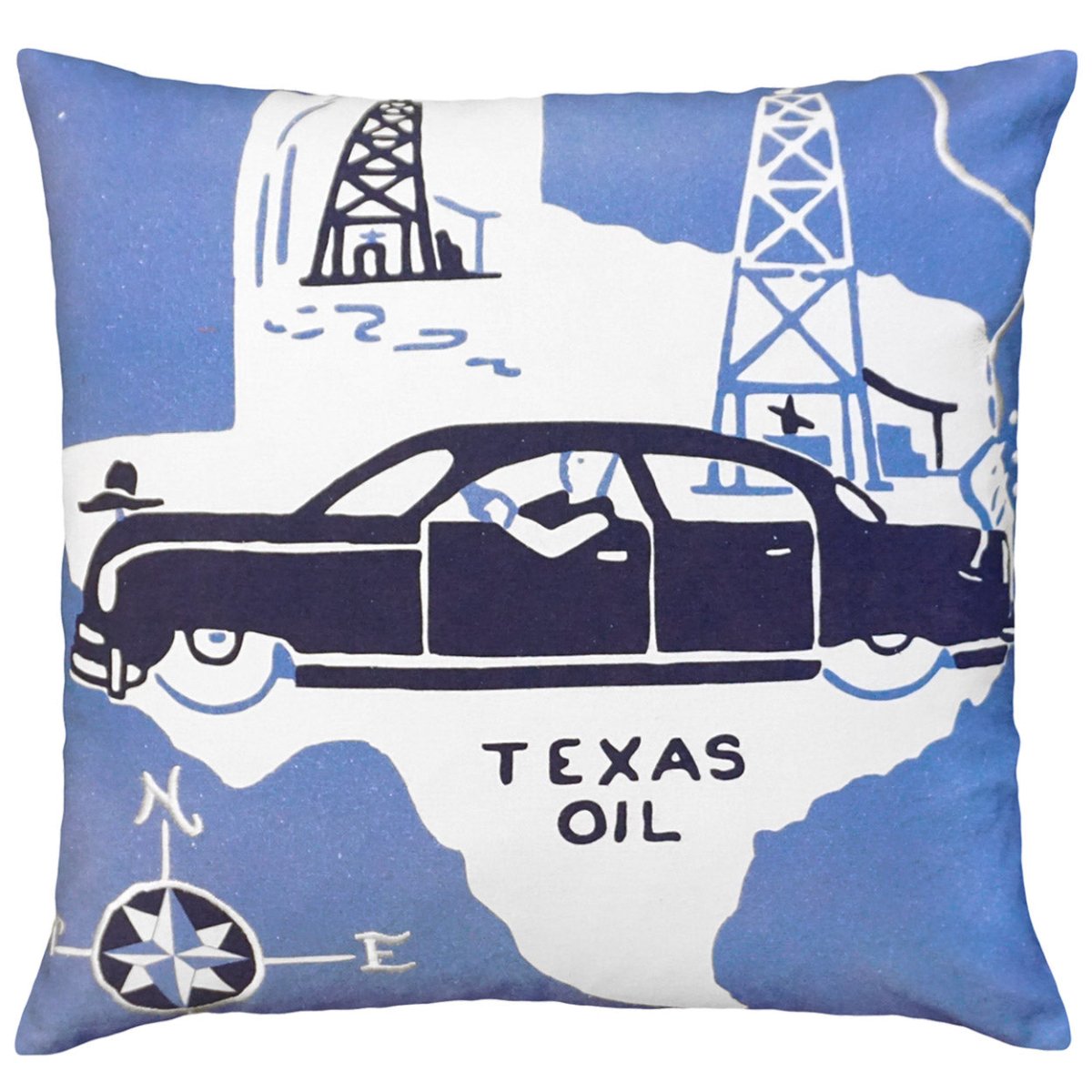 Vintage Texas Oil needlepoint throw pillow showcasing iconic landmarks