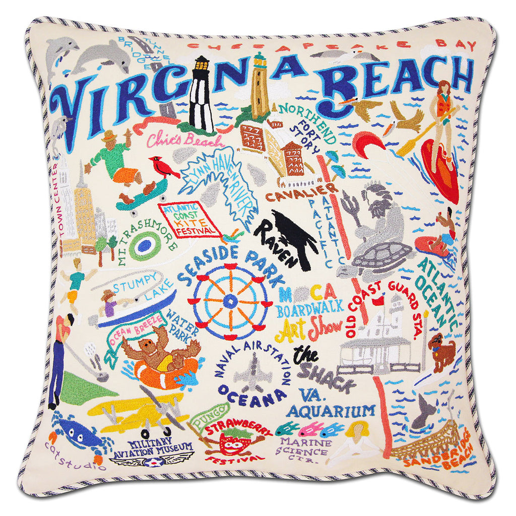 Virginia Beach Oceanfront embroidered throw pillow with beach scenery.
