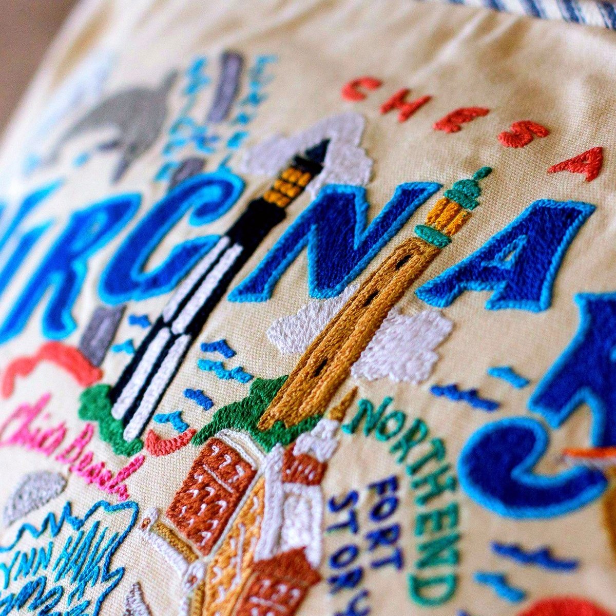 Virginia Beach Oceanfront Embroidered Travel Pillow - close-up detail of hand-embroidered needlepoint stitching