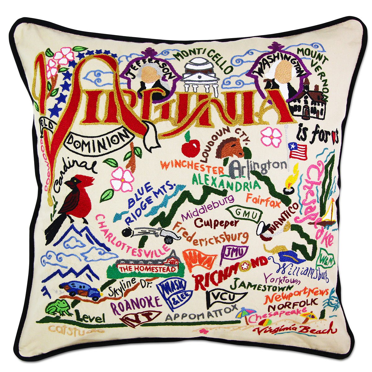 Virginia State Old Dominion hand-embroidered throw pillow showcasing iconic landmarks