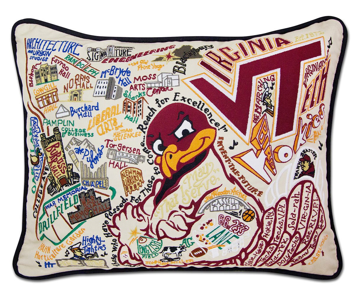 Virginia Tech Hokies hand-embroidered throw pillow featuring school colors and mascot imagery
