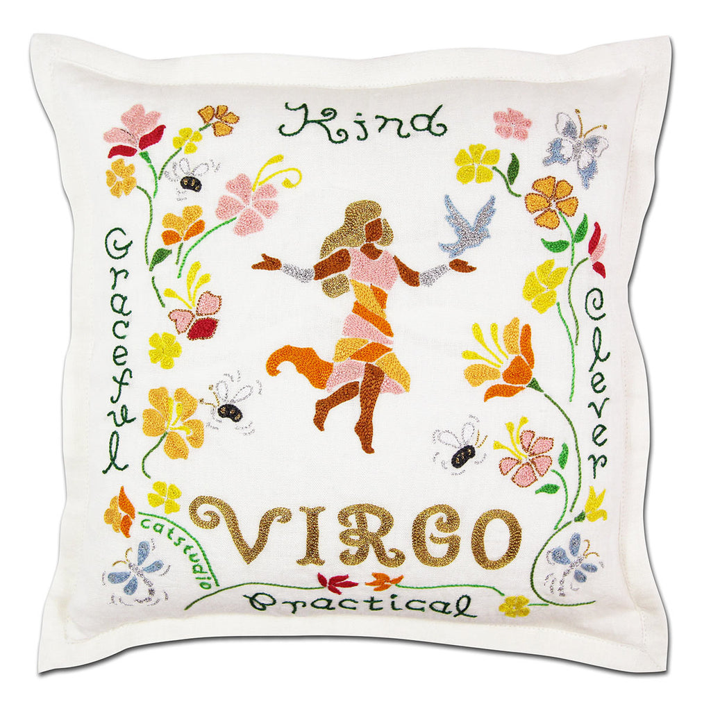 Virgo Earth Sign Astrology embroidered throw pillow with zodiac symbol.