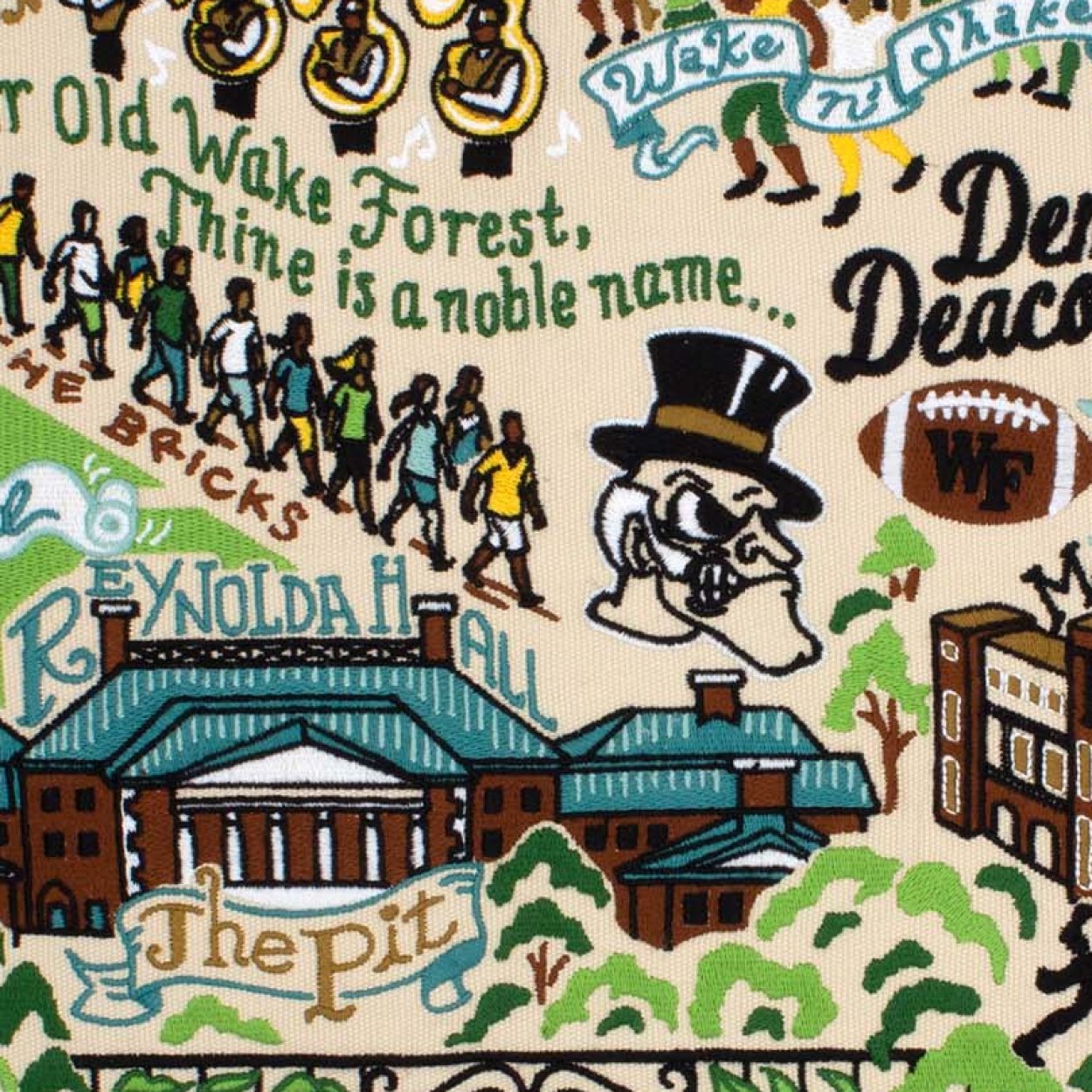 Close-up embroidery detail of the Wake Forest University Demon Deacons Embroidered College Pillow