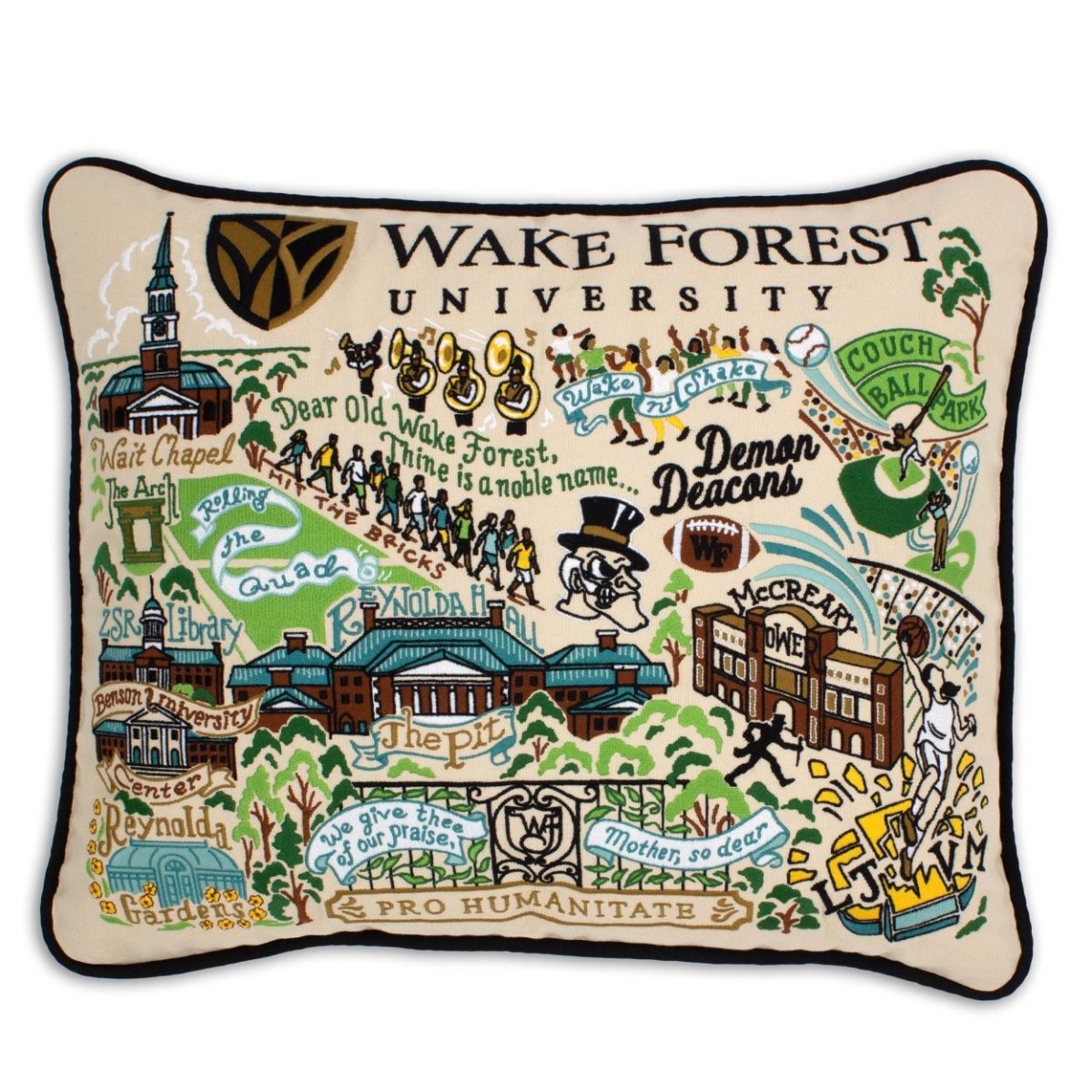Wake Forest University Demon Deacons hand-embroidered throw pillow featuring school colors and campus landmarks