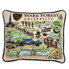 Wake Forest University Demon Deacons hand-embroidered throw pillow featuring school colors and campus landmarks