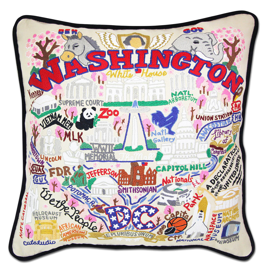 Washington DC National Capital embroidered throw pillow with iconic landmarks.