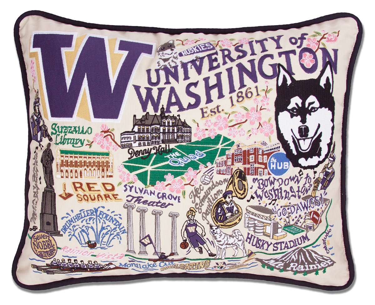 Washington Huskies hand-embroidered throw pillow featuring school colors and mascot imagery